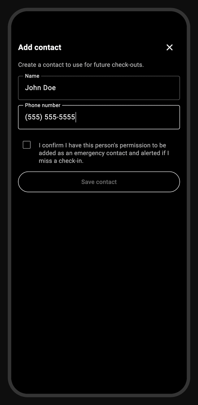 AvAI Add contact screen: name and phone fields with a required confirmation reading 'I confirm I have this person's permission to be added as an emergency contact and alerted if I miss a check-in'; the Save contact button stays disabled until it is checked